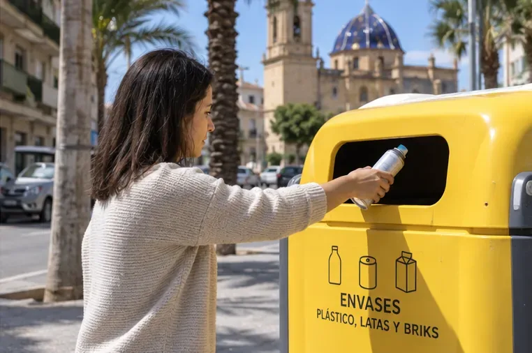 Persona depositando un aerosol vacío en un contenedor amarillo de envases