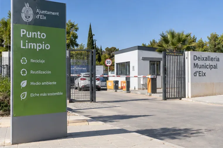 Entrada representativa de un punto limpio municipal con zona de acceso para vehículos