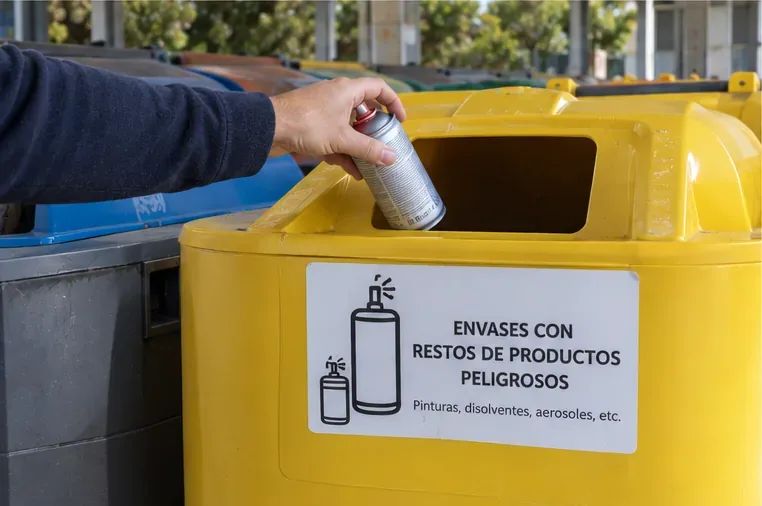 Persona depositando un aerosol con restos en una zona de recogida separada para residuos peligrosos