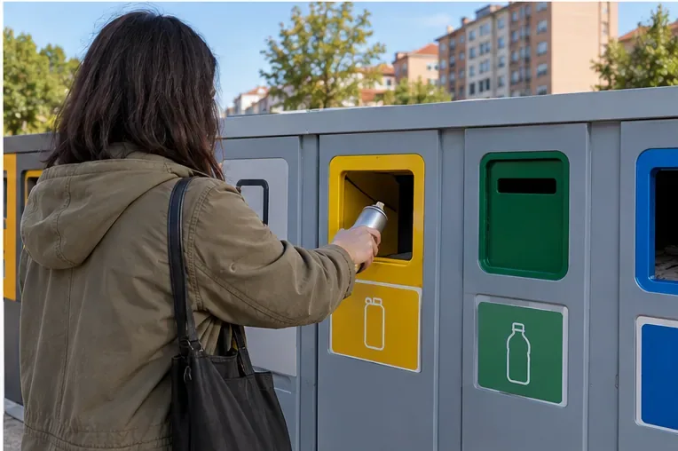 Persona depositando un aerosol en un módulo urbano de recogida selectiva con compartimentos diferenciados