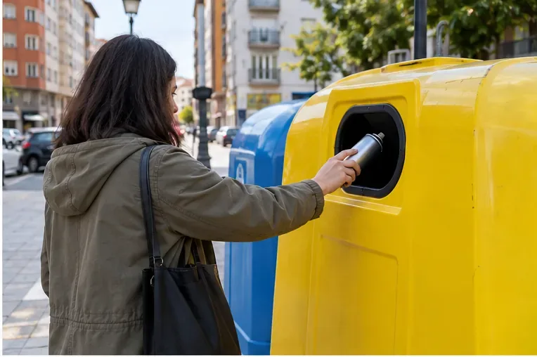 Persona depositando un bote de aerosol vacío en un contenedor amarillo de envases en una calle urbana