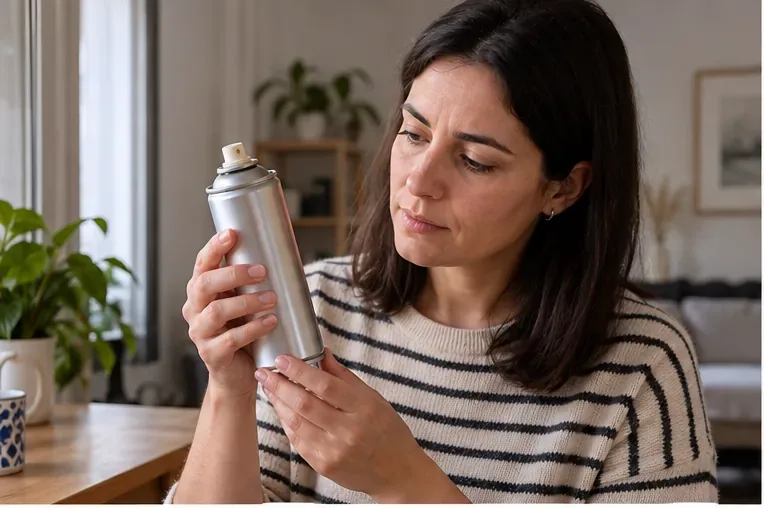 Persona observando un bote de aerosol metálico en casa para comprobar su estado antes de desecharlo