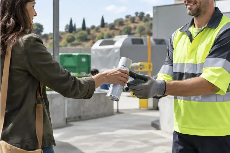 Entregar un aerosol al personal de un punto de recogida municipal