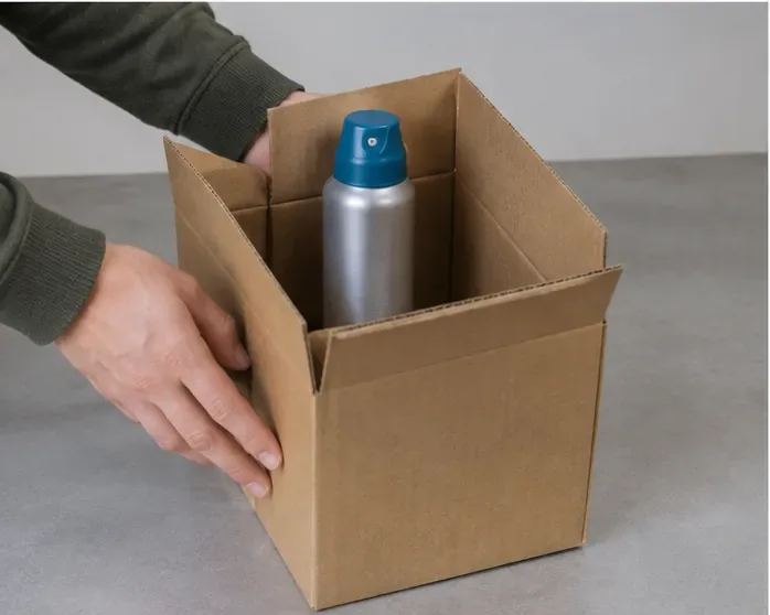 Bote de aerosol colocado de pie dentro de una caja de cartón para transportarlo