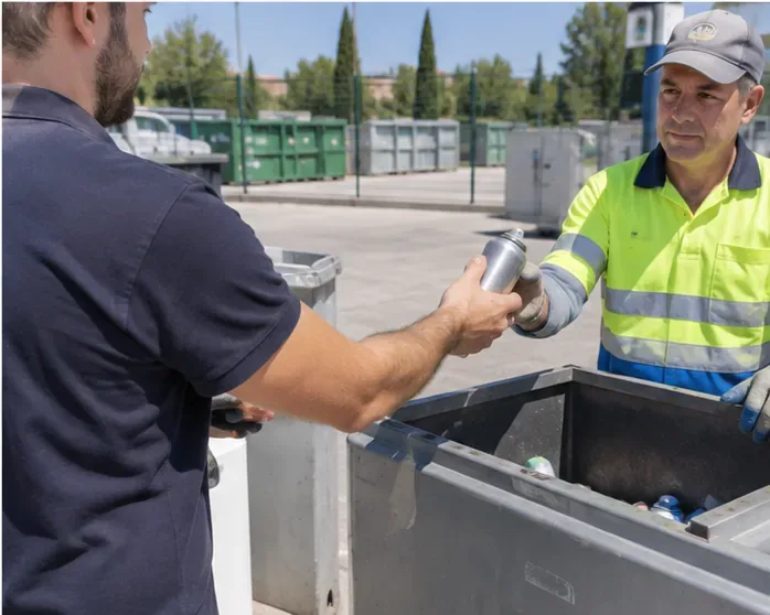 Usuario entregando un aerosol a un operario en una instalación de recogida de residuos