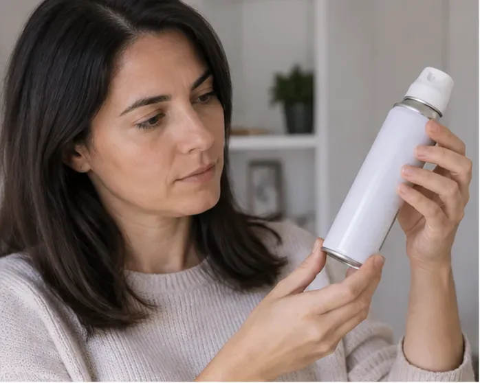 Persona examinando un bote de aerosol doméstico antes de decidir cómo desecharlo