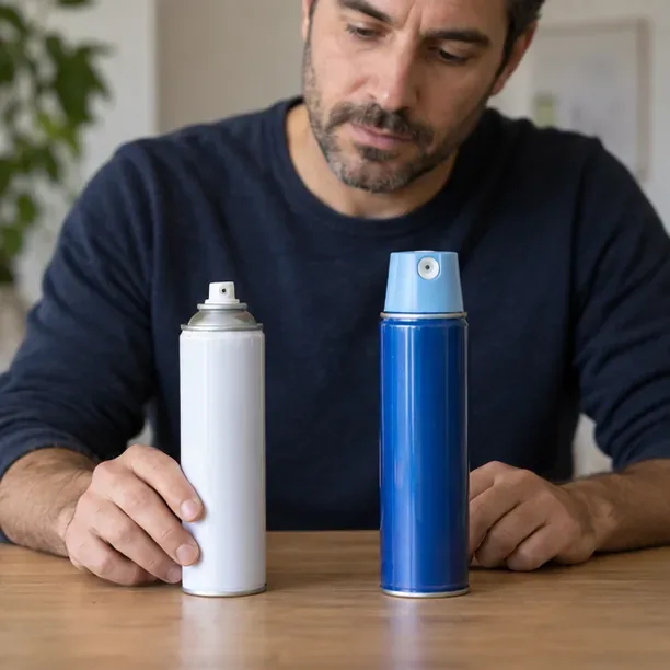 Un hombre compara un aerosol vacío con otro que todavía puede contener producto