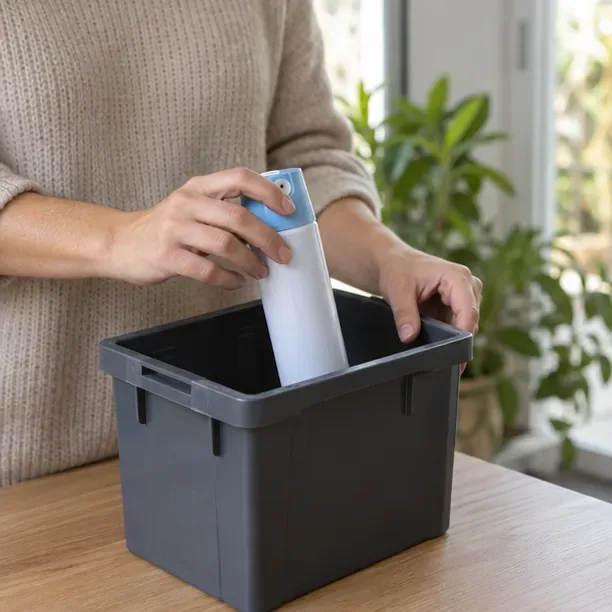 Una persona coloca un aerosol doméstico de pie en una caja rígida para transportarlo