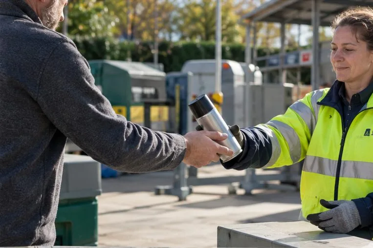 Una persona entrega un aerosol cerrado al personal de un punto de recogida de residuos