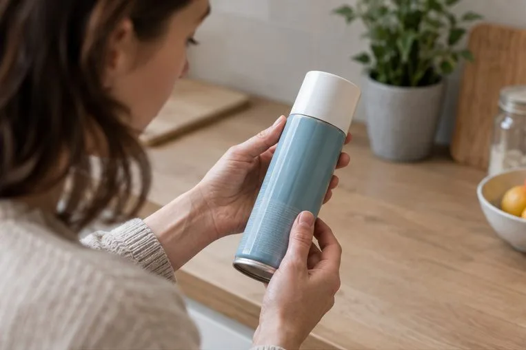 Una persona sostiene e inspecciona un aerosol doméstico cerrado sobre una encimera