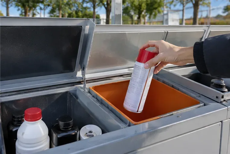 Mano depositando un aerosol con restos en un compartimento específico de una instalación de recogida de residuos