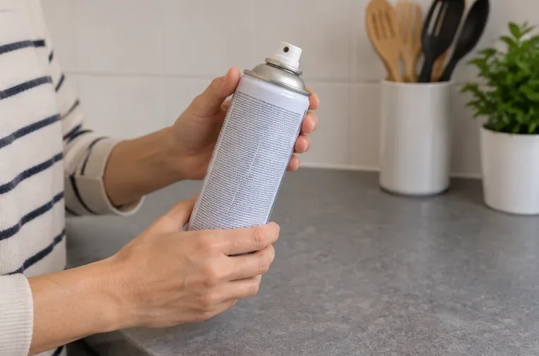 Persona sosteniendo un bote de aerosol doméstico y revisándolo antes de decidir cómo desecharlo en Madrid