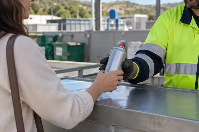 Persona entregando un aerosol con restos a un trabajador con ropa de protección