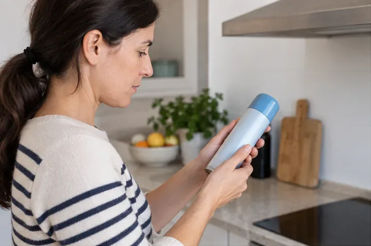 Persona revisando un aerosol doméstico intacto en una cocina antes de decidir dónde depositarlo