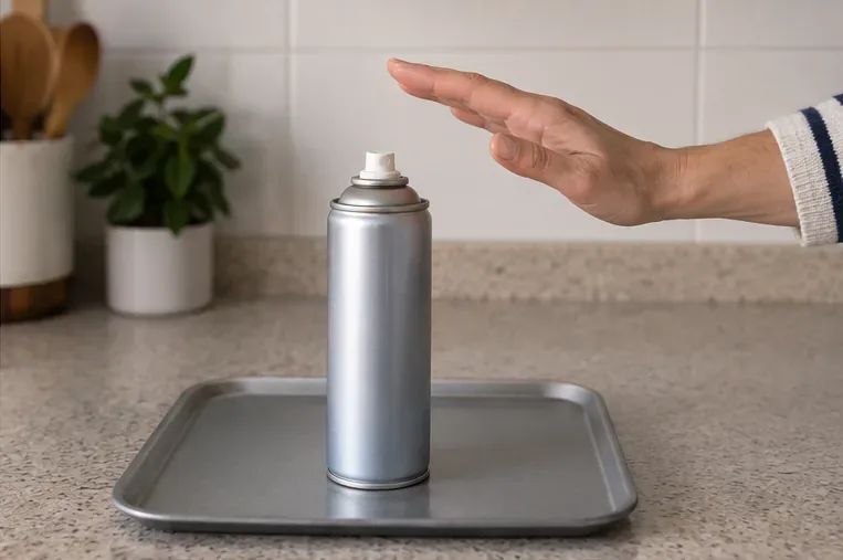 Aerosol intacto colocado de pie sobre una bandeja con una mano que evita tocar la boquilla