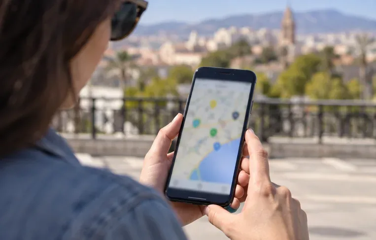 Persona consultando en el móvil la ubicación de un punto limpio con la ciudad al fondo