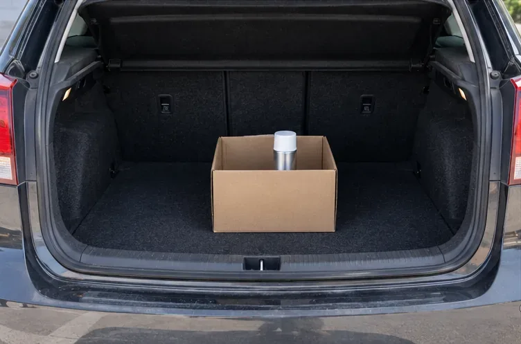 Una lata de aerosol colocada verticalmente dentro de una caja de cartón en el maletero abierto de un coche estacionado.