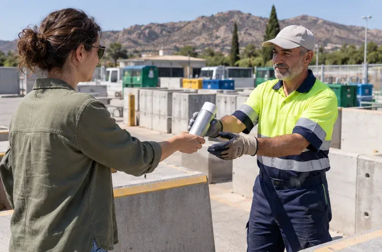 Una vecina entrega un aerosol intacto a un operario con guantes en una instalación municipal de recogida de residuos.