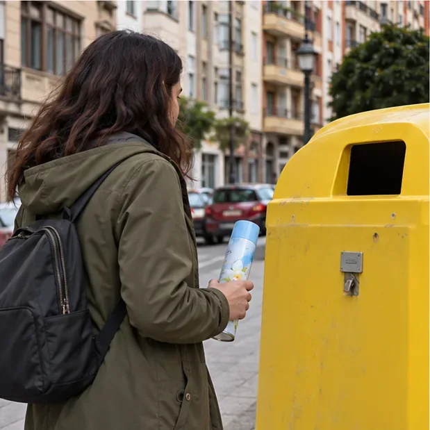 Una persona lleva un aerosol intacto hacia un contenedor amarillo de envases en una calle de Oviedo