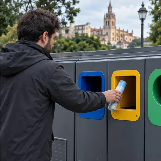 Una persona deposita un aerosol intacto por la abertura amarilla de un conjunto de contenedores de reciclaje