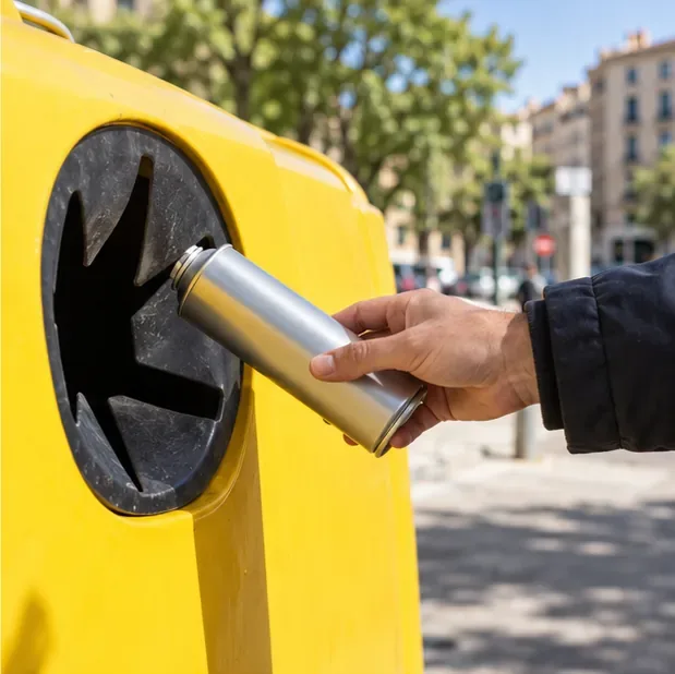 Una mano deposita un aerosol doméstico metálico vacío en la abertura de un contenedor amarillo