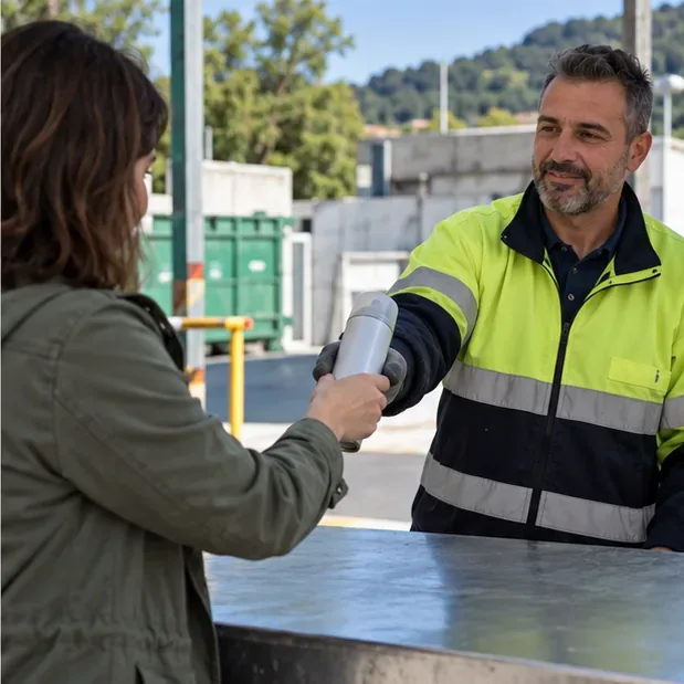 Una persona entrega un aerosol intacto a un trabajador en un mostrador municipal de recogida de residuos