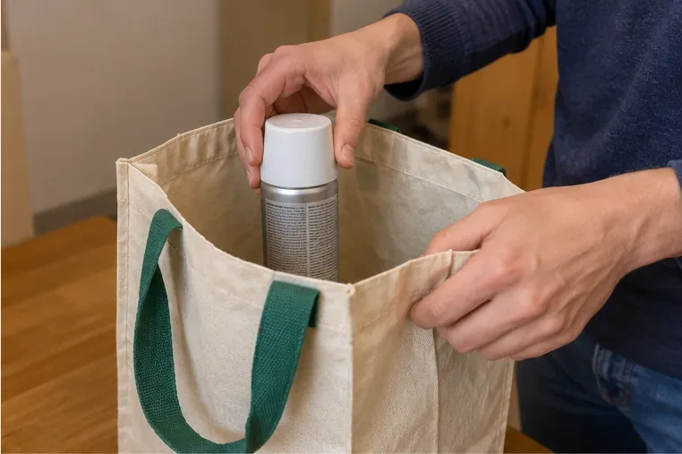 Un aerosol colocado en una bolsa reutilizable para trasladarlo de forma estable a la deixalleria
