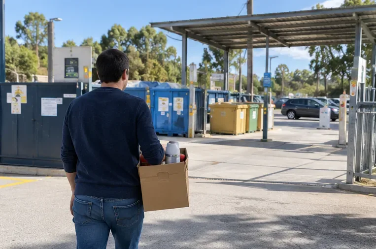 Una persona llega a una instalación de recogida selectiva llevando una caja con un aerosol