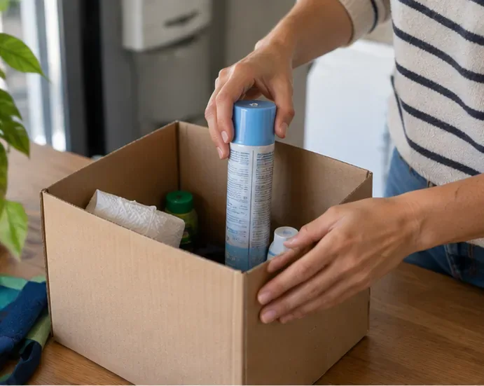 Aerosol doméstico colocado verticalmente dentro de una caja para llevarlo a un punto limpio