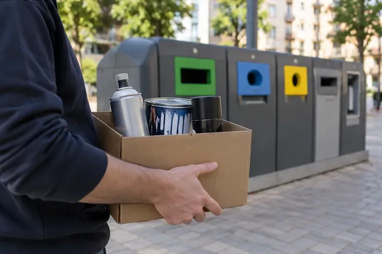 Una persona lleva una caja con un aerosol y otros envases de productos a una instalación urbana de recogida selectiva