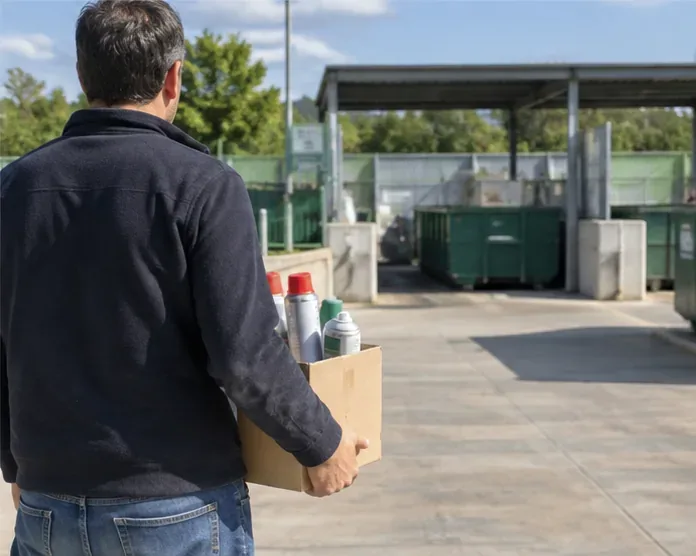 Una persona lleva varios aerosoles y pequeños residuos en una caja hacia una instalación de recogida de residuos.