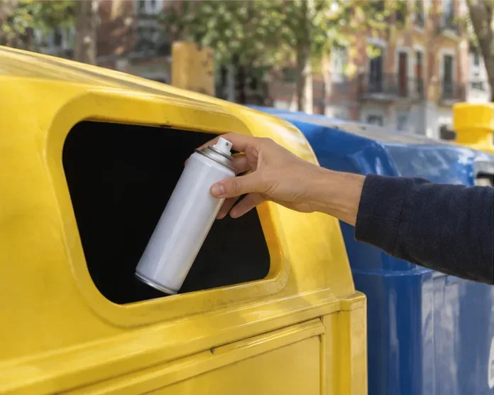 Una mano deposita un aerosol vacío en la abertura de un contenedor amarillo de envases.