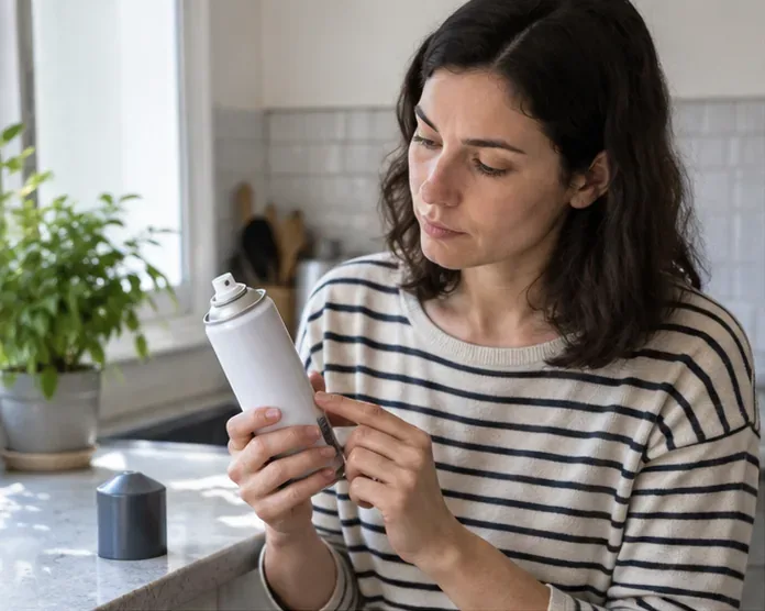 Una persona observa la etiqueta y el envase de un aerosol doméstico antes de decidir cómo desecharlo.