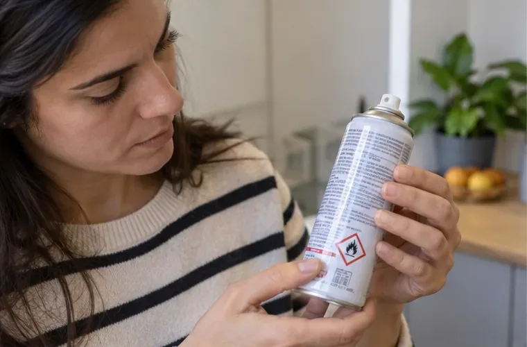 Una mujer revisa la etiqueta y los pictogramas de peligro de un aerosol doméstico antes de decidir cómo desecharlo