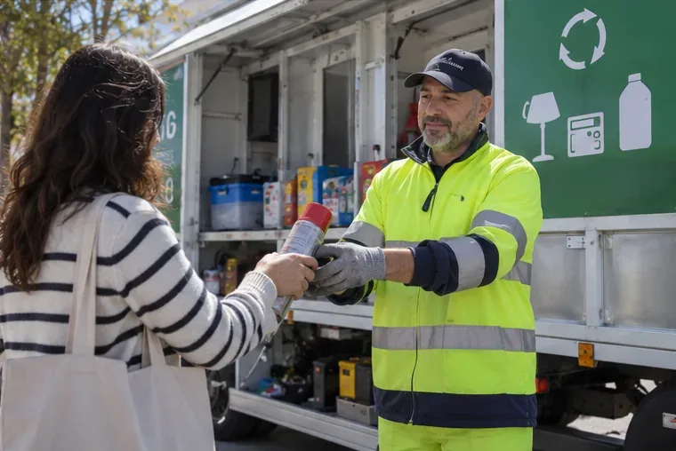 Una usuaria entrega un aerosol a un operario con ropa de alta visibilidad en un punto móvil de recogida de residuos