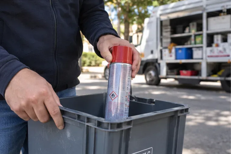Una persona coloca con cuidado un aerosol con contenido en una caja rígida cerca de un ecoparque móvil