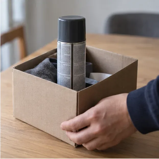 Una lata de aerosol colocada de pie dentro de una caja de cartón para transportarla sin golpes.