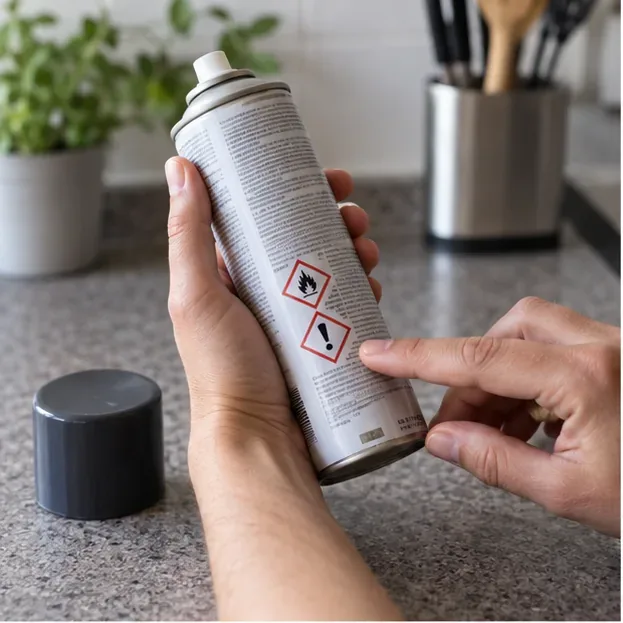 Una persona revisa los pictogramas de peligro y la etiqueta de una lata de aerosol antes de desecharla.