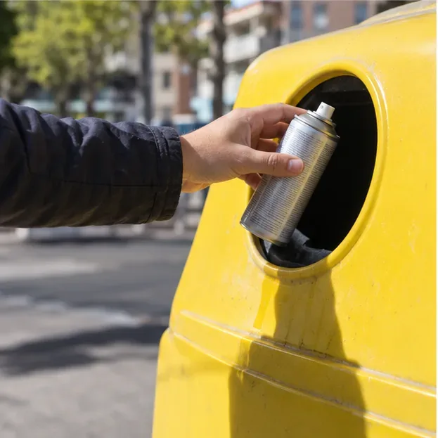 Una mano deposita una lata de aerosol vacía en un contenedor amarillo de reciclaje.