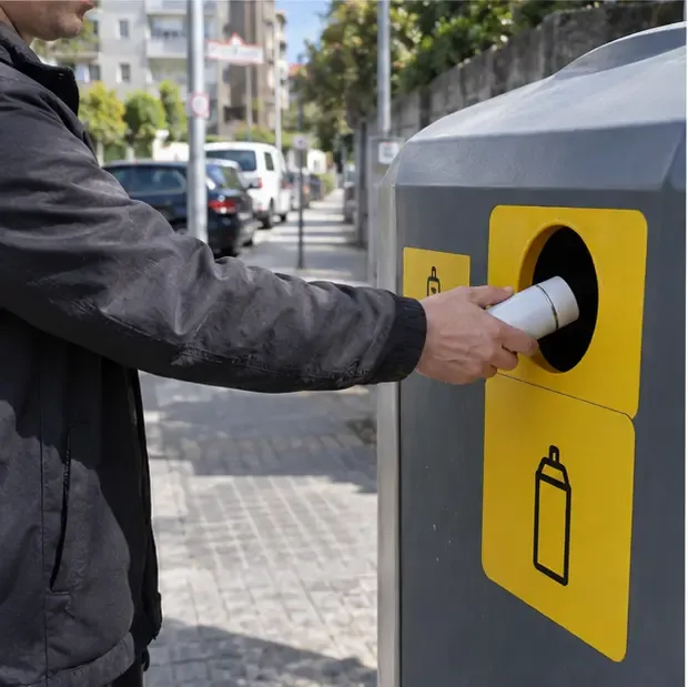 Persona introduciendo un aerosol con tapón en la abertura específica de un punto limpio de proximidad urbano