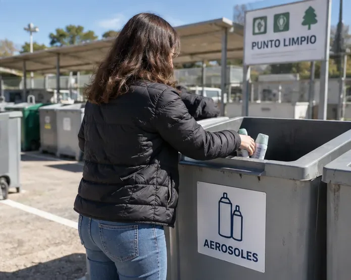 Una persona deposita aerosoles en un recipiente específico de un punto limpio señalizado para este tipo de residuos.