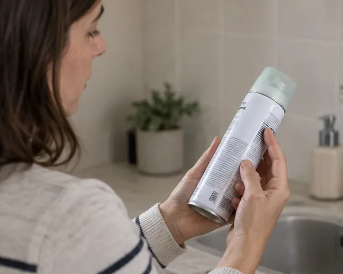 Una persona lee la etiqueta de un aerosol doméstico para comprobar si todavía contiene producto antes de decidir cómo desecharlo.