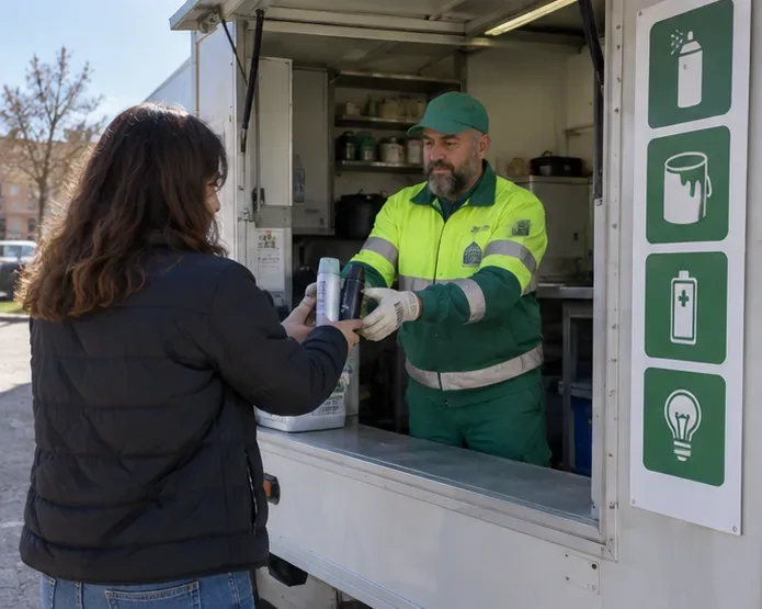 Una persona entrega varios aerosoles a un operario de un punto verde móvil de recogida de residuos especiales.