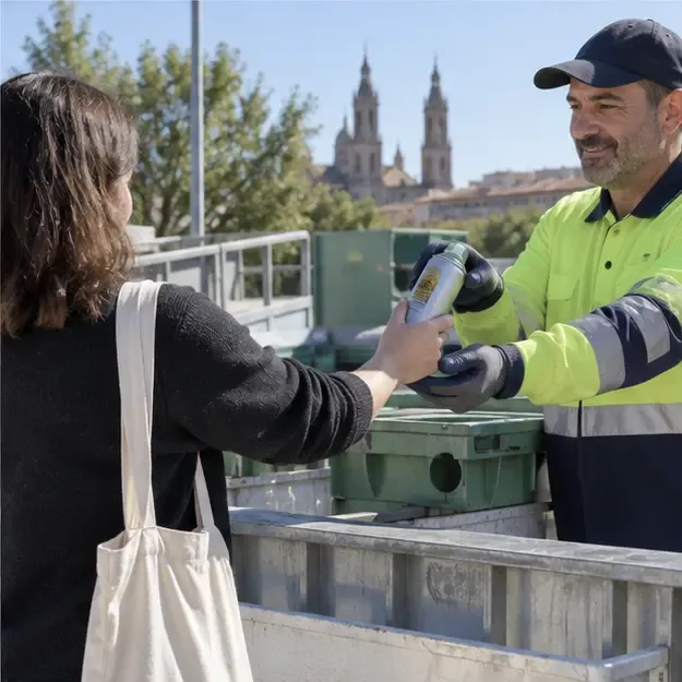 Una vecina entrega un aerosol a un operario de un punto de recogida municipal