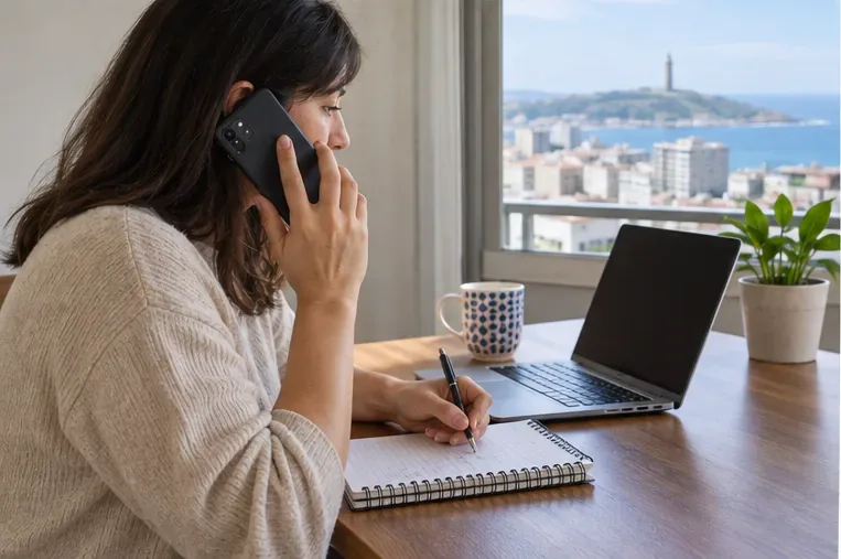 Mujer llamando por teléfono y anotando instrucciones junto a un ordenador antes de coordinar la retirada de un aire acondicionado