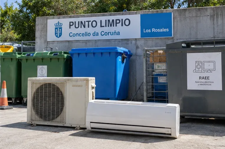 Unidad interior y unidad exterior de aire acondicionado preparadas junto a una zona señalizada para residuos eléctricos y electrónicos