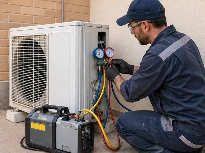 Técnico de climatización trabajando con manómetros y equipo de recuperación en la unidad exterior de un aire acondicionado