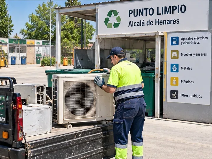 Operario descargando una unidad exterior de aire acondicionado en una instalación de reciclaje señalizada como Punto Limpio