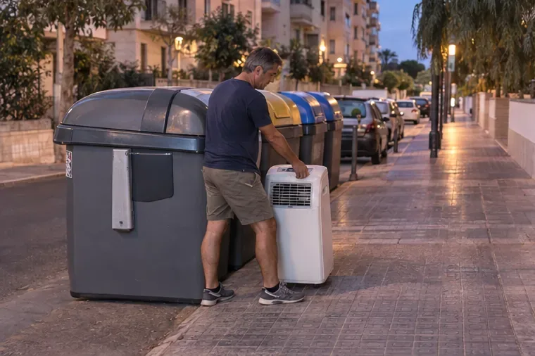 Un vecino mueve un aire acondicionado portátil hasta la zona de contenedores al anochecer