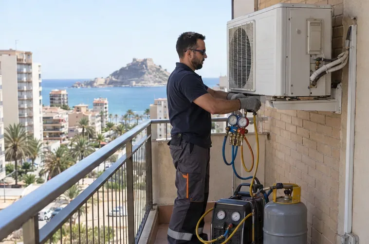 Un técnico de climatización utiliza equipo de recuperación al retirar una unidad exterior de aire acondicionado